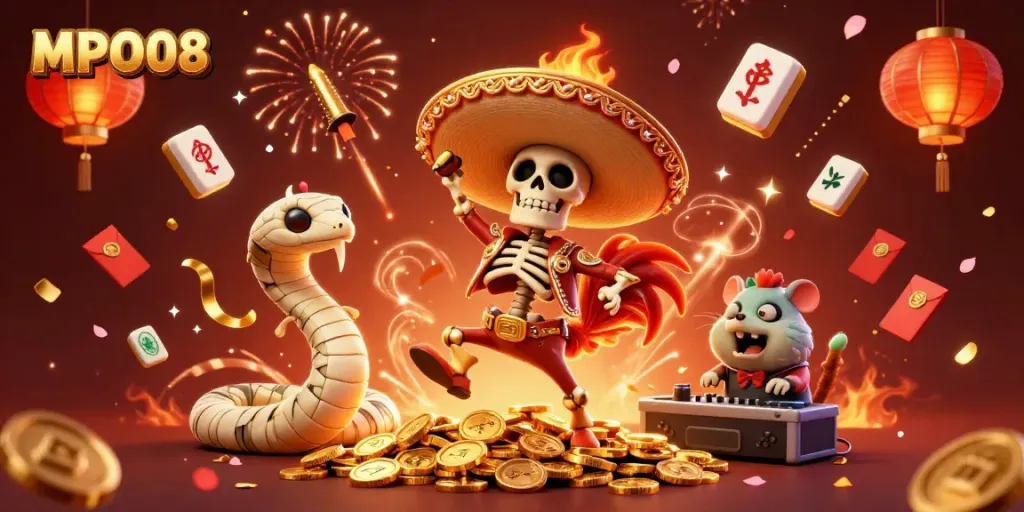 MPO08's vibrant illustration with a skeleton mariachi rooster celebrating, surrounded by casino elements and color