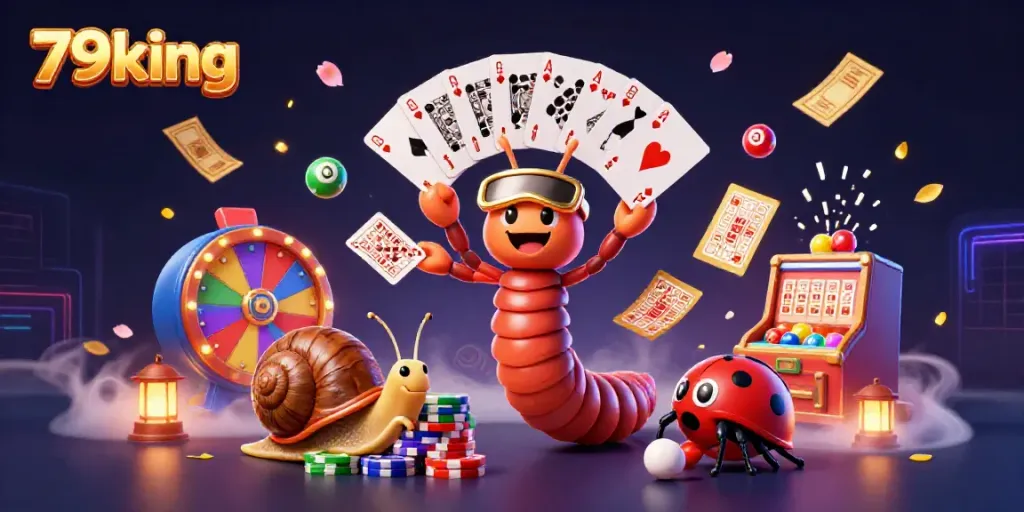 79king engages players with a dynamic scene of a cartoon millipede dealer and colorful lottery elements.