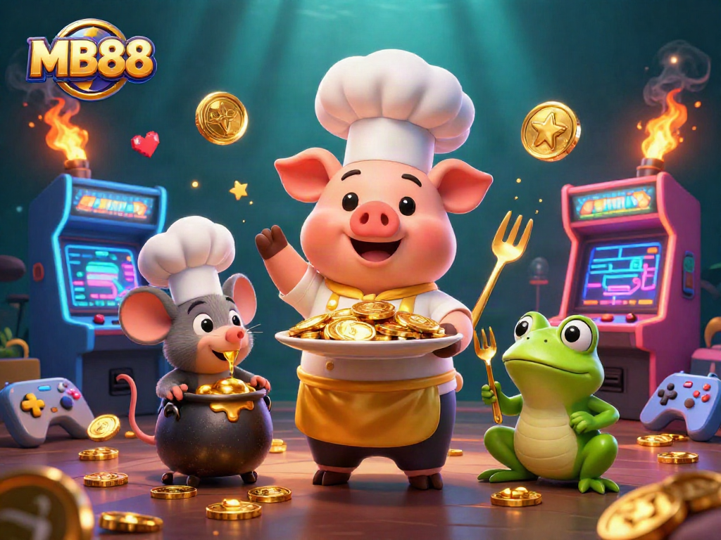 Engage with MB88's vibrant casino illustration featuring gold coins, characters, and glowing elements.