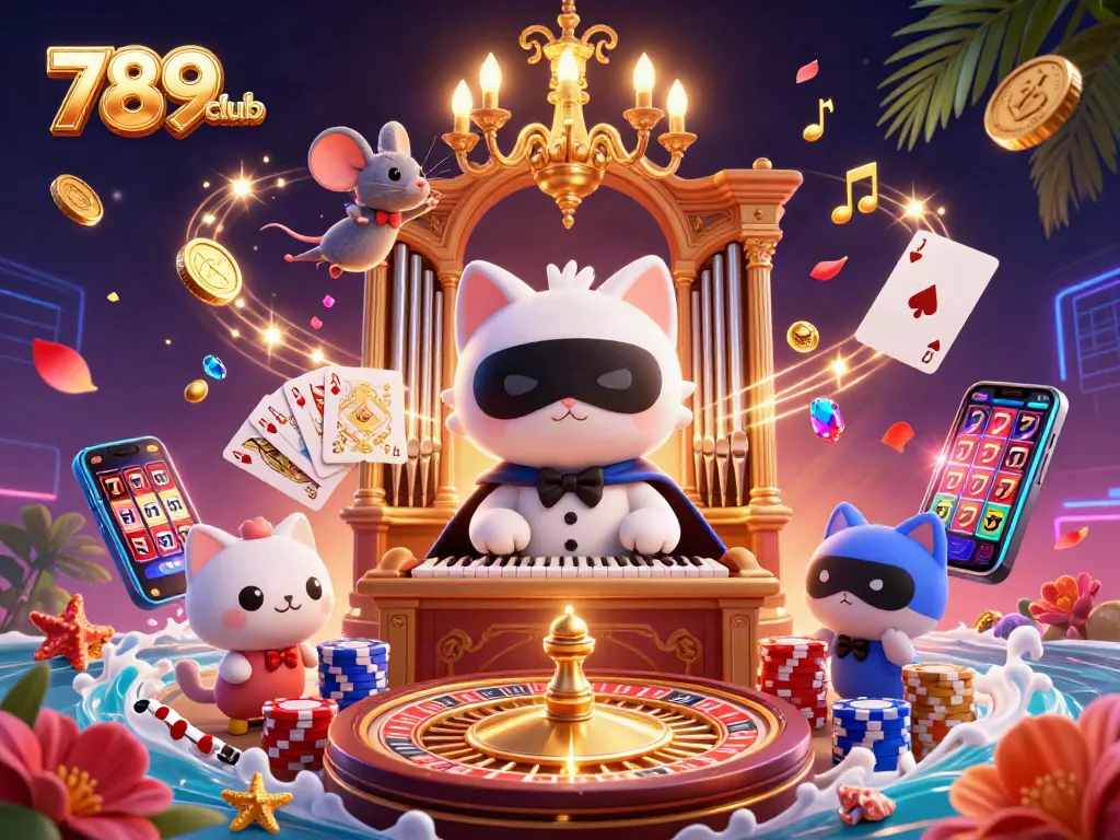 Experience the excitement of 789club with this vibrant casino illustration featuring a phantom cat, roulette, and dazzling game elements.