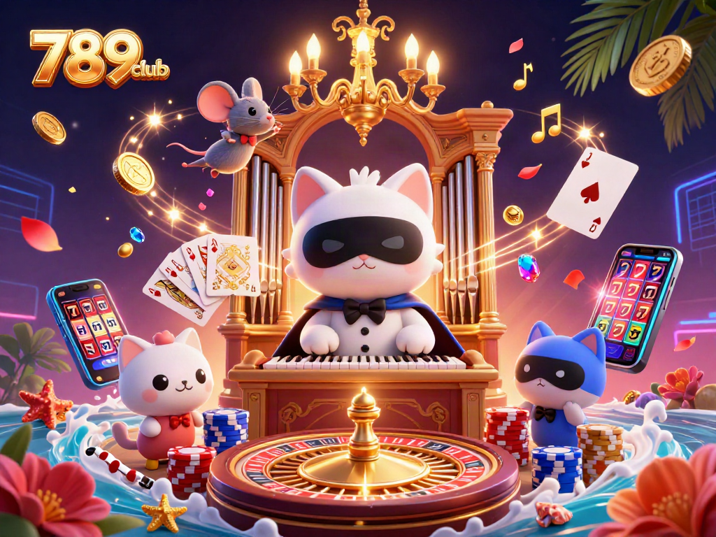 Experience the excitement of 789club with this vibrant casino illustration featuring a phantom cat, roulette, and dazzling game elements.