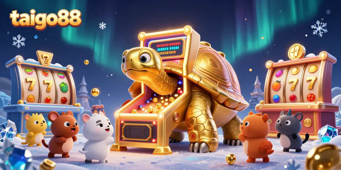 Experience taigo88's thrilling gaming atmosphere with a colossal tortoise pinball machine amidst vibrant slot elements.