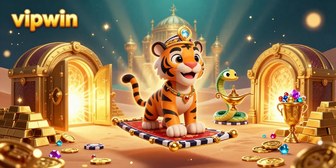 Experience vipwin's vibrant online gaming with an Arabian Nights-themed setup, showcasing thrilling casino elements.