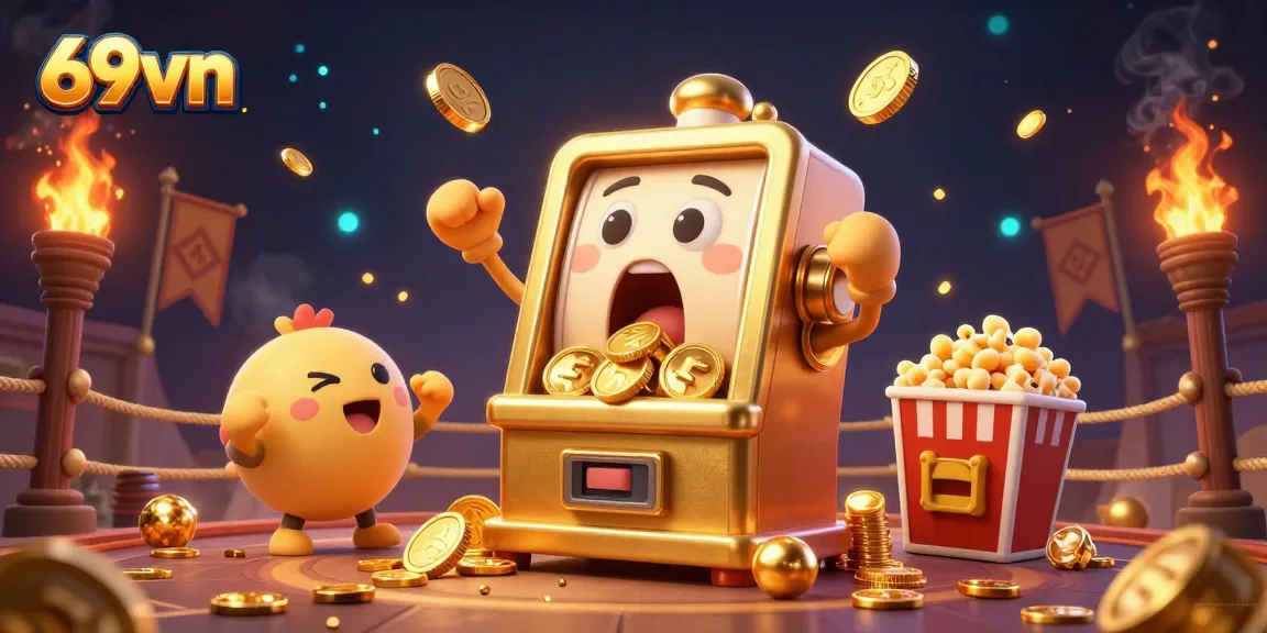 Jackpot celebration at 69vn with a golden slot machine and cheering baby machines.