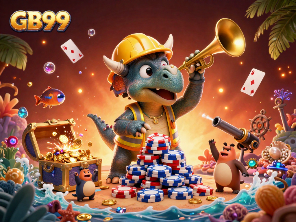 Engage with the exciting world of GB99 as cartoon characters celebrate a grand casino victory.