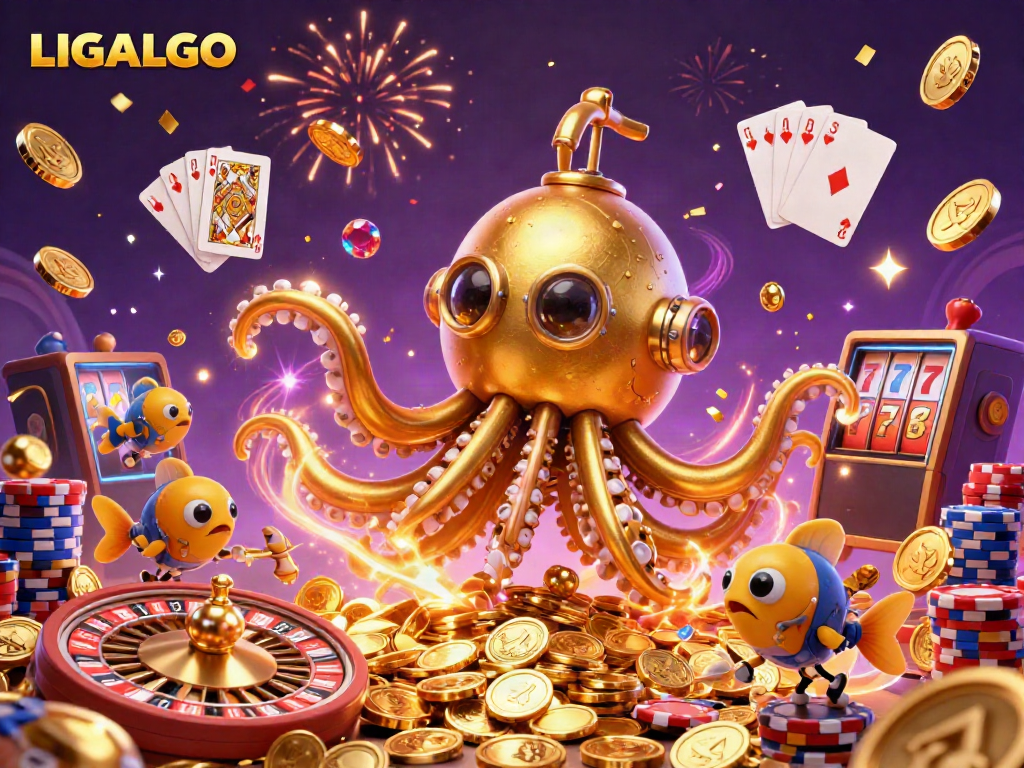 LIGALGO's dynamic gaming illustration showcases a golden kraken submarine amidst scattered coins and a bustling casino atmosphere.