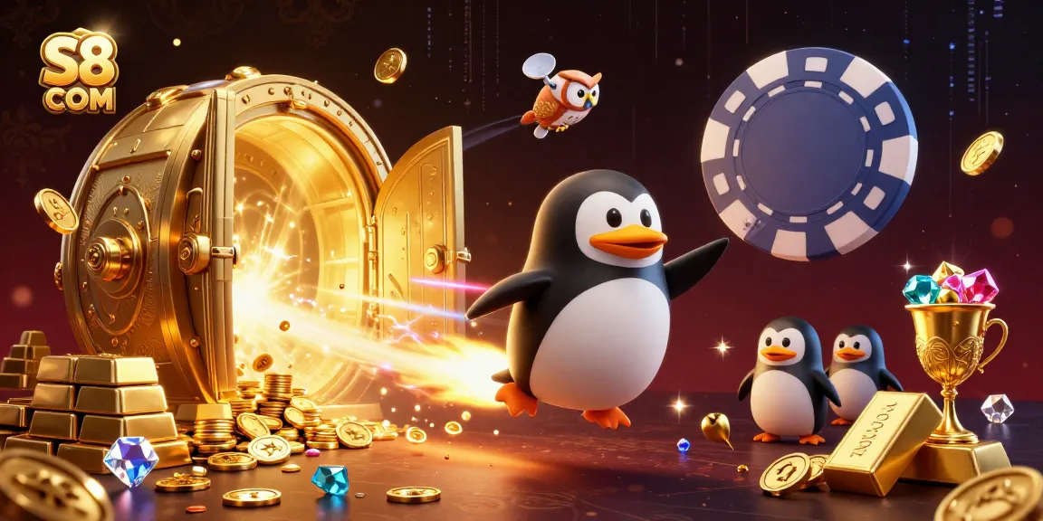 S8 COM showcases a golden penguin flying towards a casino space station amidst treasures, promoting exciting games.
