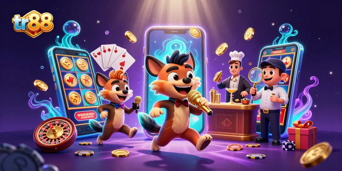 Experience the vibrant tr88 casino scene with hyenas in a comedy club, colorful slot games, and joyful gambling elements.
