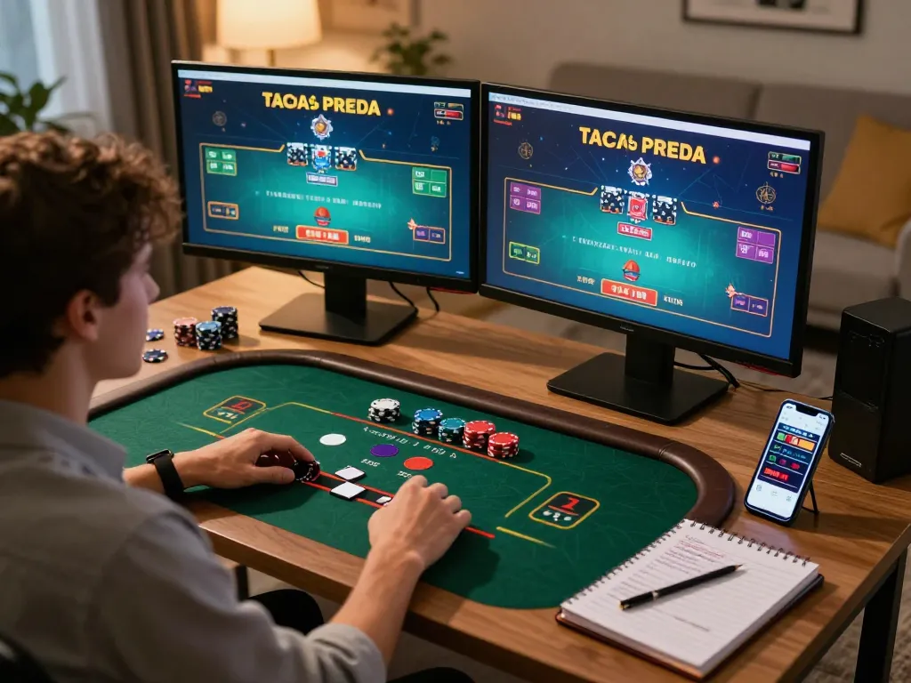 Player engaging in online casino games at home using https://mm88.it.com/ with dual monitors and strategic notes.