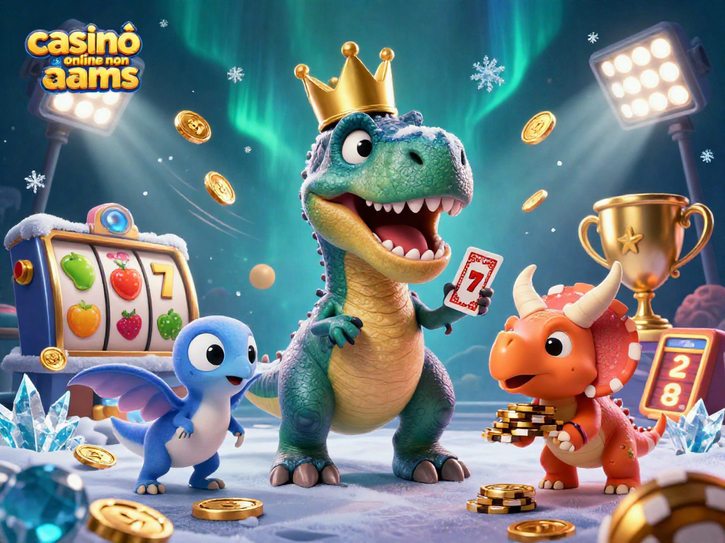 Casinò online non AAMS: illustrazione 3D di un T-Rex che gioca a carte, con pterodattilo e triceratopo, ambientato in un casinò animato