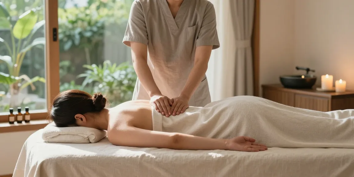 Relaxing 성북구출장안마 session in a tranquil home spa environment with candles and greenery.