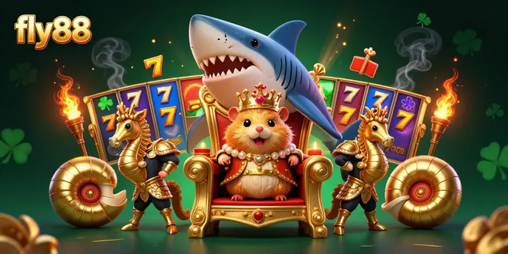 Experience fly88's dynamic gaming scene with a fierce hamster king and vibrant slot elements.