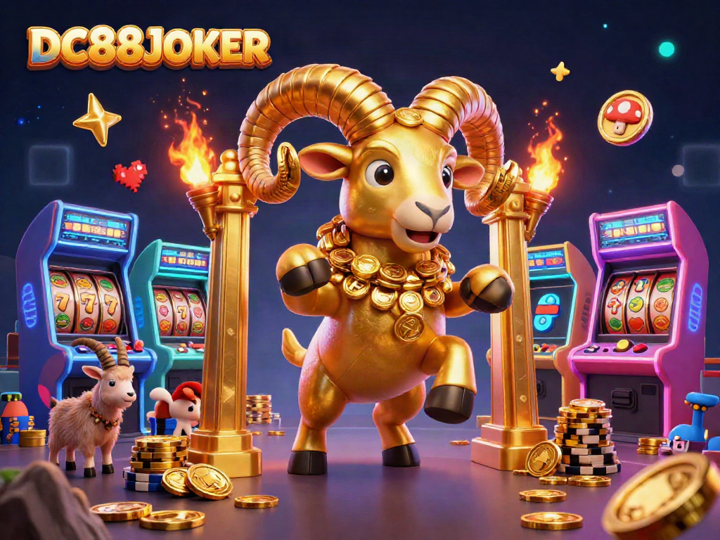 Experience thrilling slots and gaming action with the dynamic DC88JOKER golden ram illustration.
