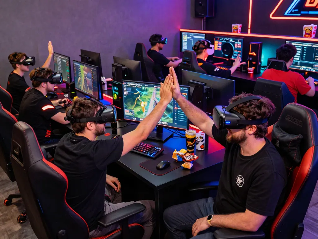 Men engaging in an exciting gaming tournament at Manclub, showcasing vibrant atmosphere and high-tech setups.