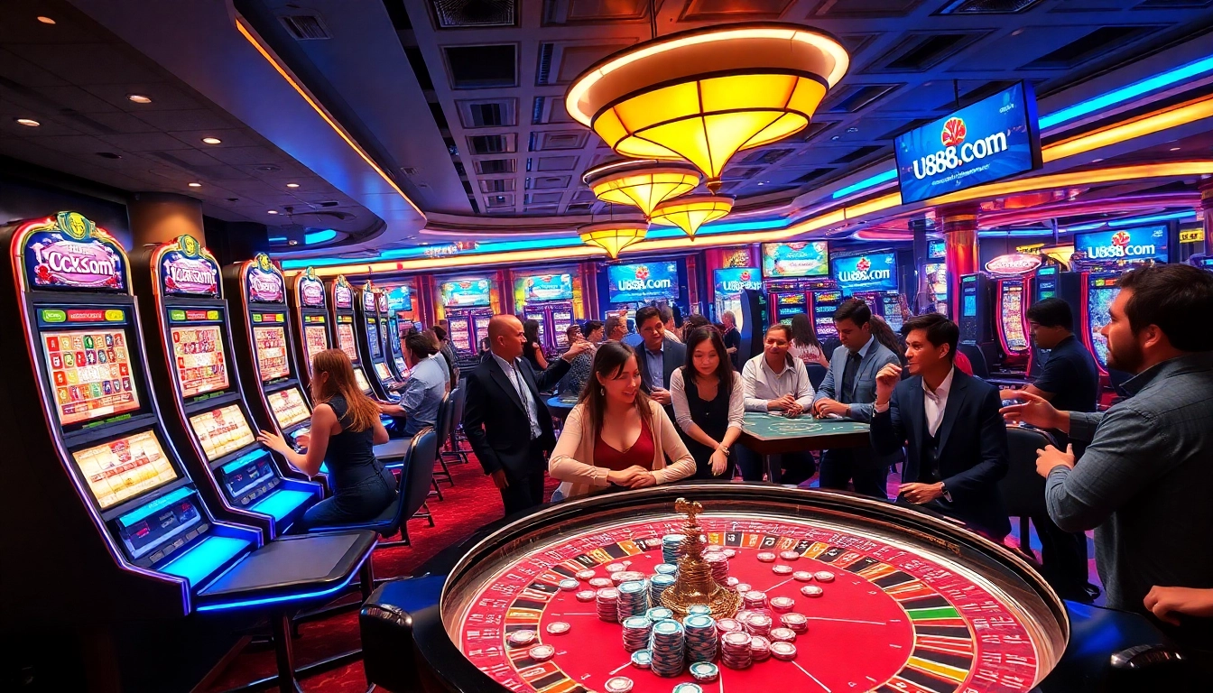 Players enjoying exhilarating casino games at U888 Com with an energetic vibe and luxurious setup.