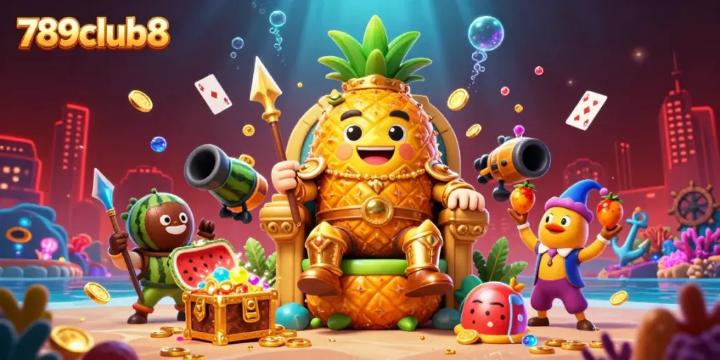 Engage with 789club8's thrilling beach casino experience with cartoon kings and vibrant treasures.
