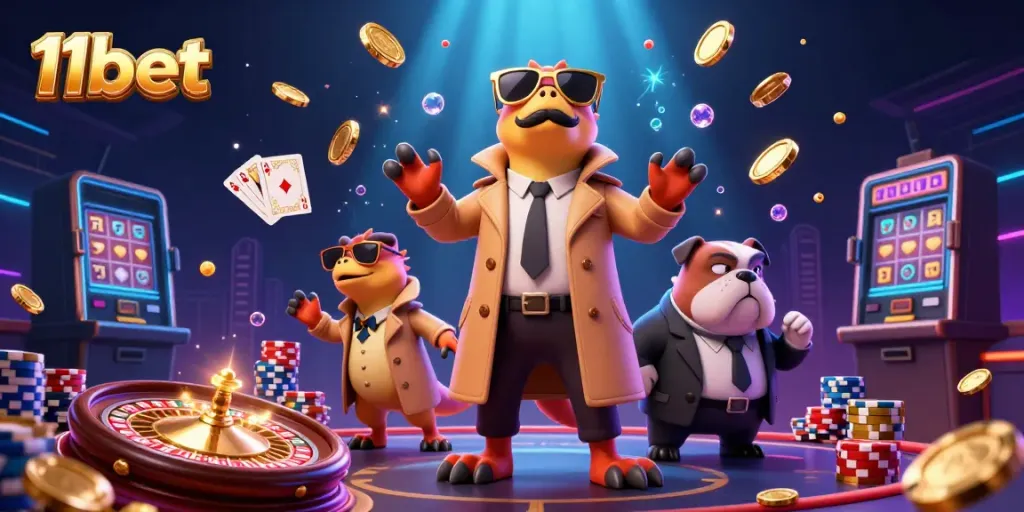 Watch animated raptors in a trench coat enter a VIP casino, showcasing the vibrant 11bet gaming atmosphere.
