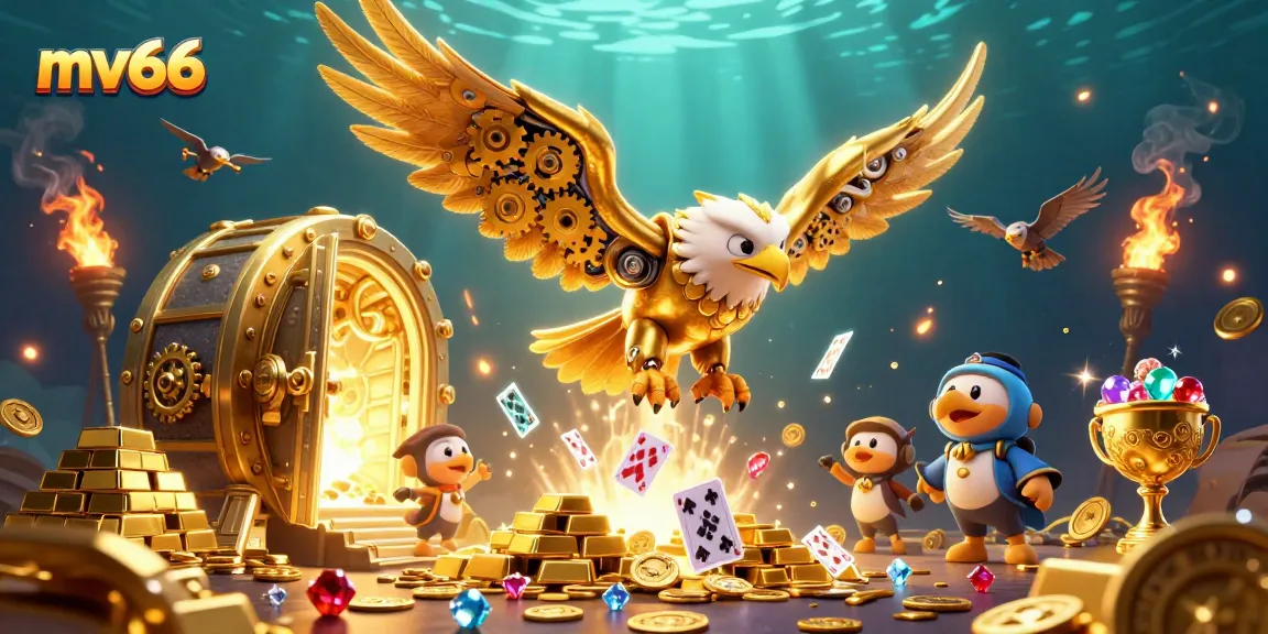 Engage in excitement at mv66 with a golden eagle soaring through casino treasures.
