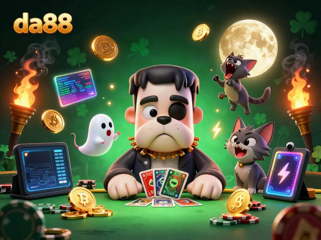 da88 engaging players with an exciting card game scene featuring a Frankenstein bulldog and magical elements