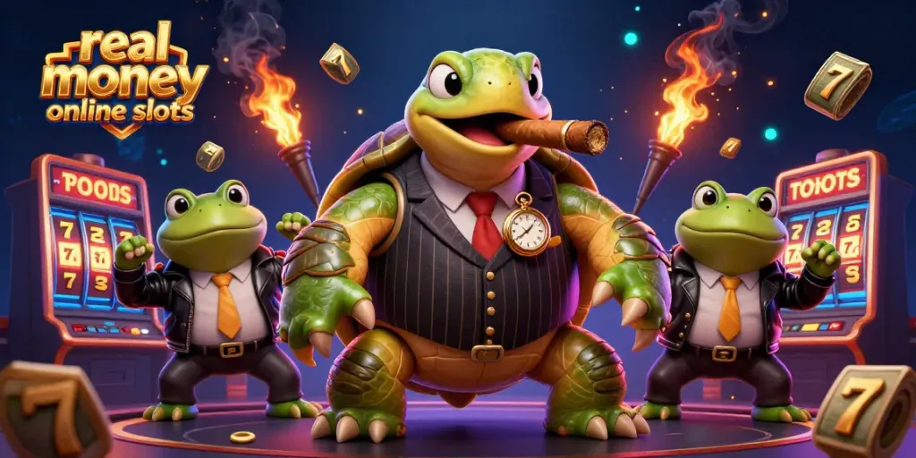 Experience real money online slots in a vibrant casino setting with engaging characters.