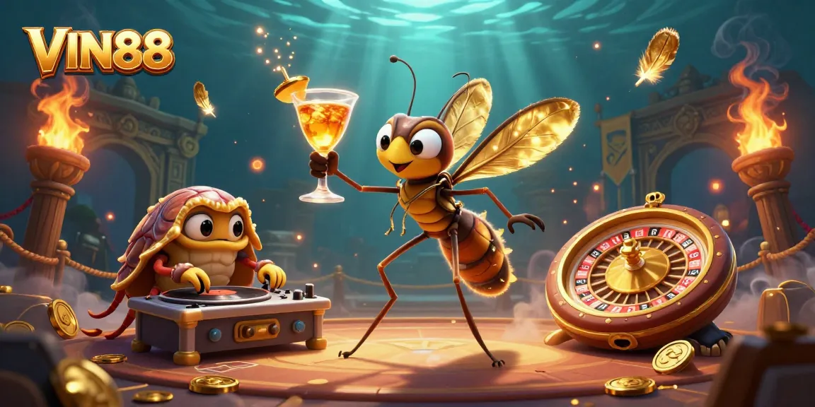 Experience the thrill of VIN88 with a dynamic casino scene featuring a vibrant mascot and engaging gameplay elements.