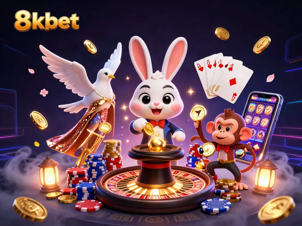 8xbet plays thrilling games with a magician rabbit, dove, and monkey in a magical casino.