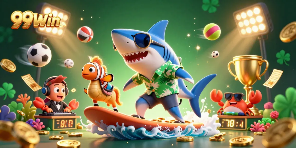 Join the fun at 99Win with vibrant characters surfing on gold coins in a dynamic gaming scene.