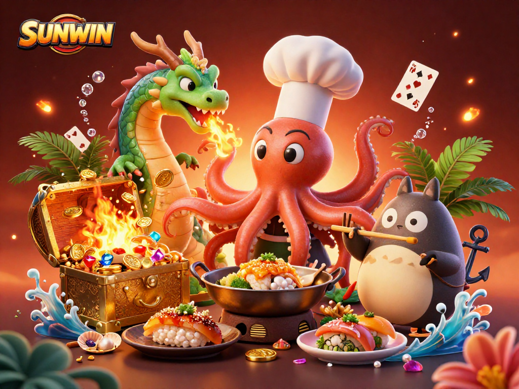 Experience the excitement of SUNWIN as a lucky tanuki enjoys golden dishes in an underwater casino adventure.