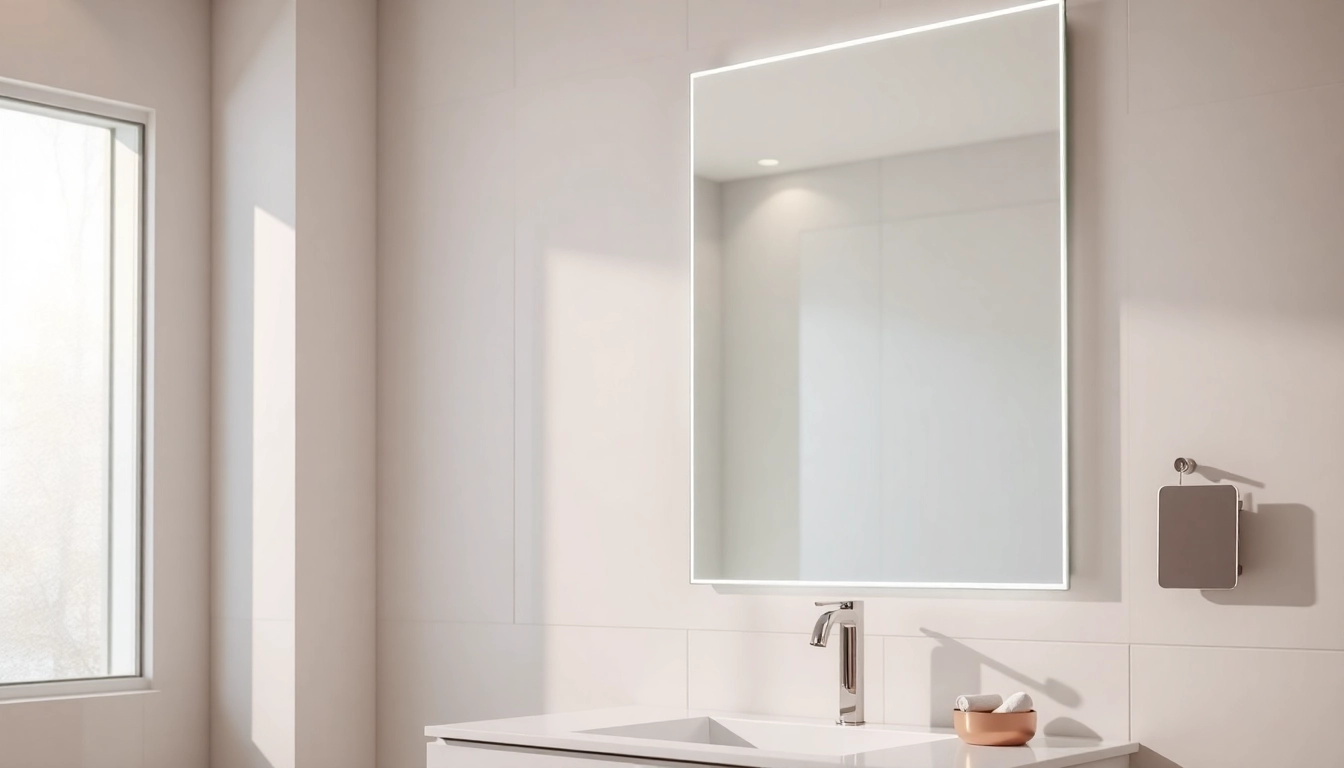 Show a sleek bathroom with a stylish mirror and led lights enhancing the decor.