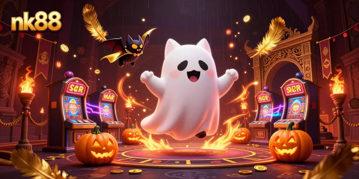 Experience the thrill of nk88 with a ghost cat and bat in a lively haunted casino scene.