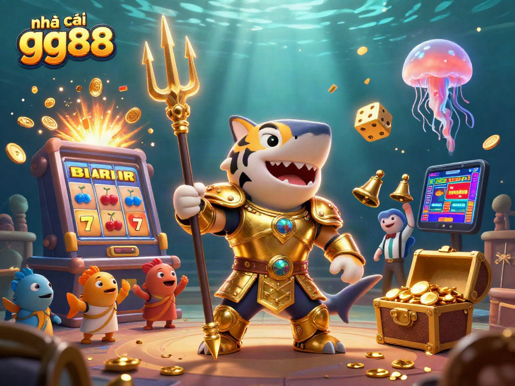 Experience house gaming thrills with nhà cái gg88 featuring a cartoon tiger shark and exciting casino elements.