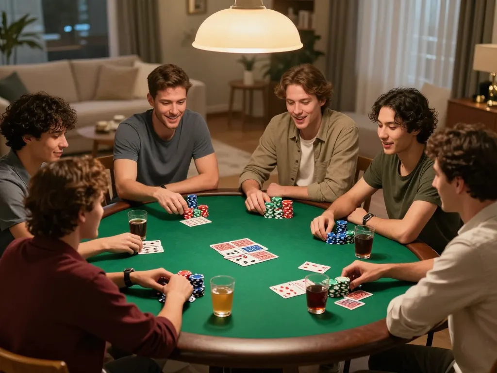 Friends enjoying a spirited poker night at home, showcasing the rokok88 community in action.