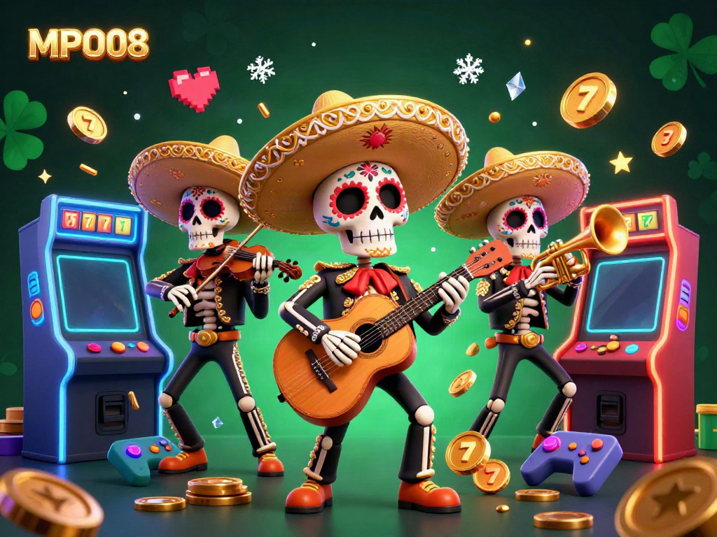 Experience the thrill of MPO08 with a vibrant Day of the Dead mariachi band surrounded by casino elements.