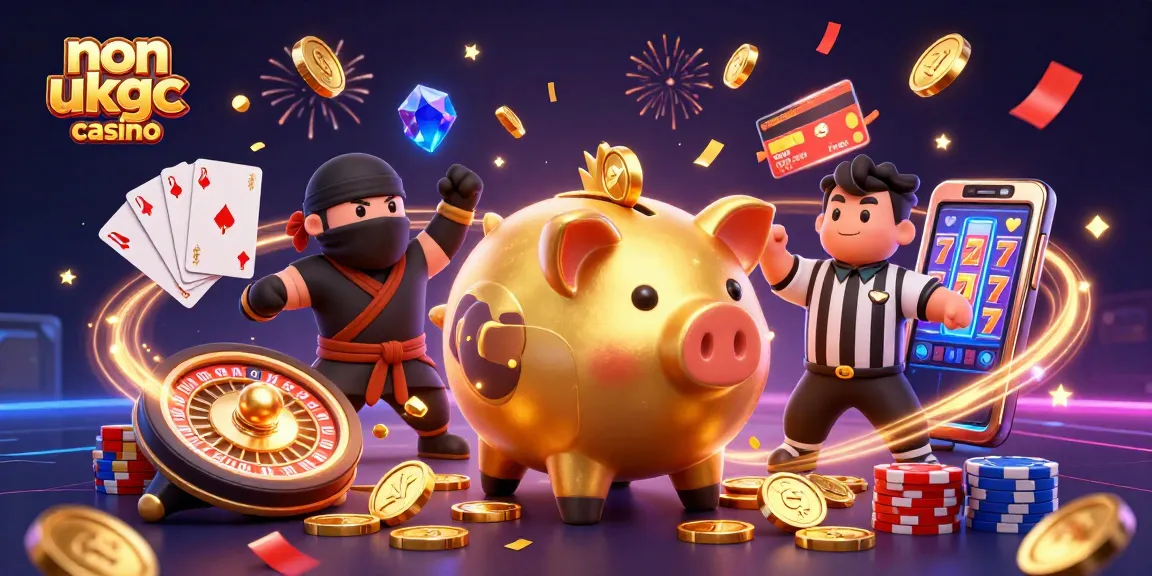 Experience thrilling gameplay at a non ukgc casino surrounded by golden coins, cards, and vibrant celebration elements.