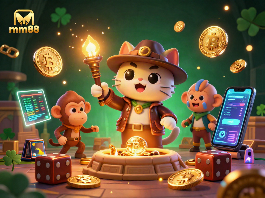 Engage with mm88 and uncover hidden treasures in a vibrant casino adventure illustration.