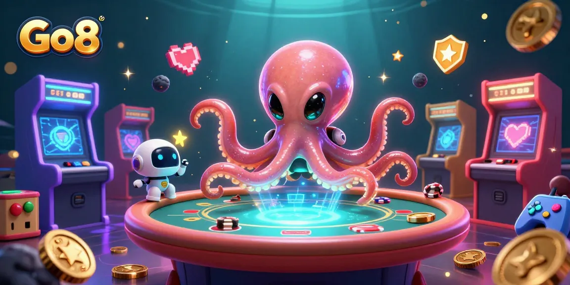Engage in exciting games at Go8 with a 3D alien octopus at a poker table, surrounded by vibrant gaming elements.