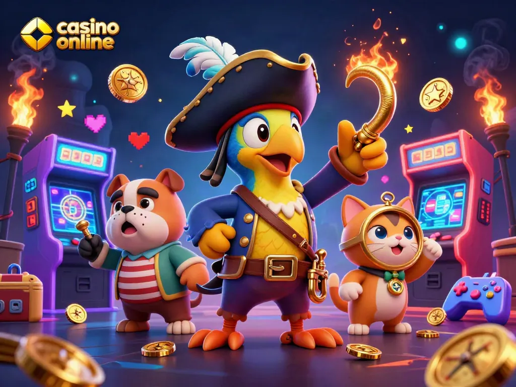 El casino online ofrece diversión con tragamonedas y juegos de cartas en una colorida escena 3D.