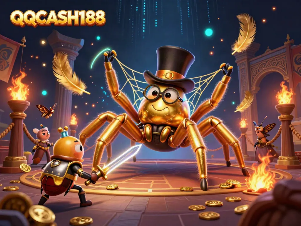 Engage with QQCASH188 as a golden tarantula weaves a web of excitement amid vibrant casino elements.