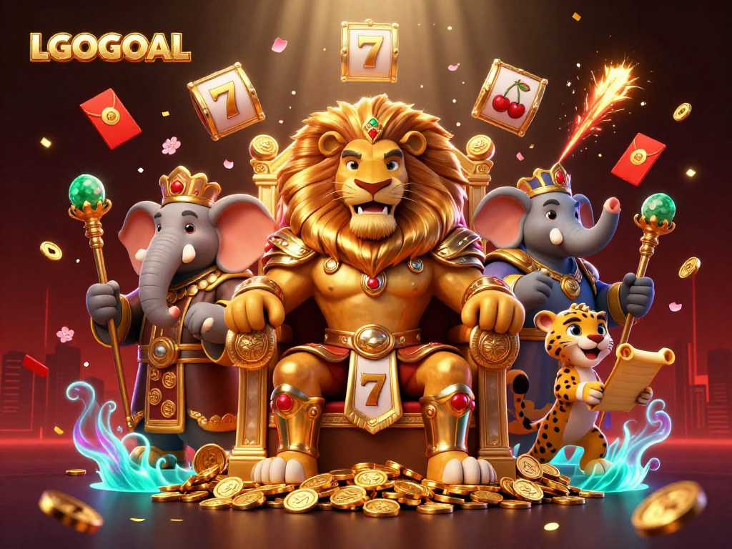 Experience LGOGOAL with a majestic lion king and rich casino theme elements.