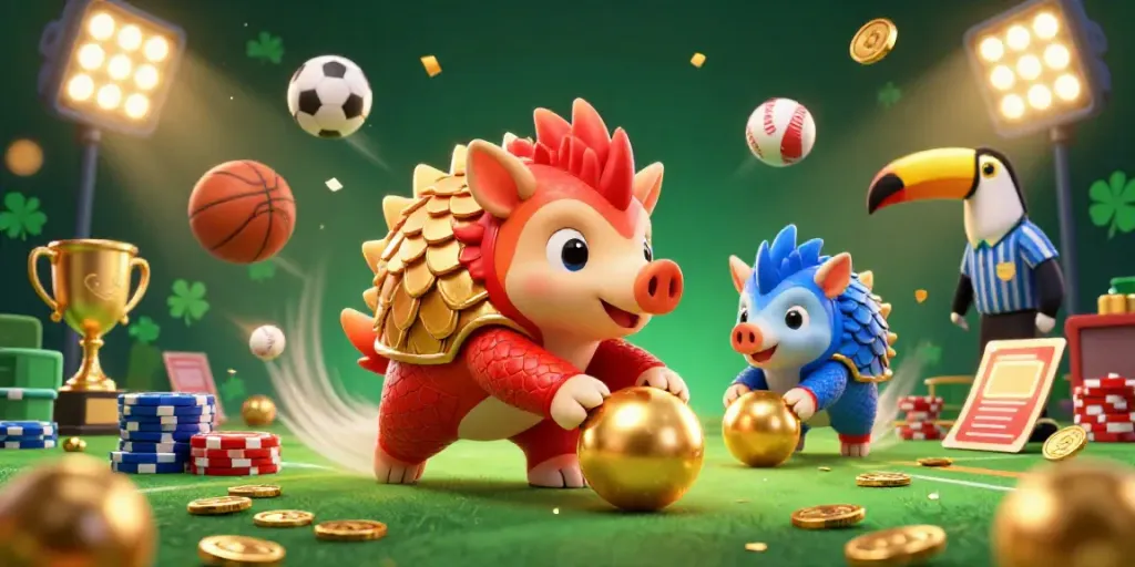 Engage with thrilling 32win action in an exciting casino scene with pangolins and vibrant sports elements.