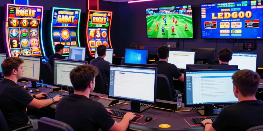 Exciting gaming scene at RED88 platform with players immersed in diverse online games and promotions.