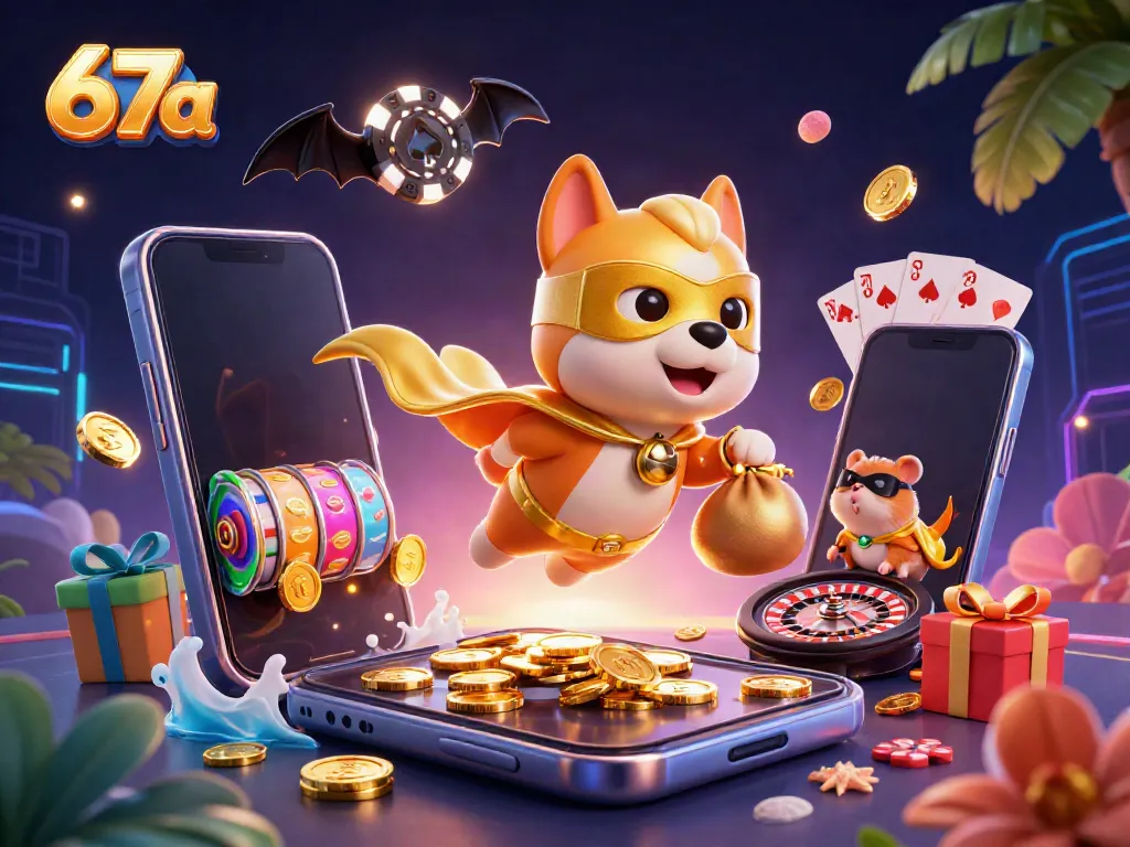 Engage with the 67a platform through a whimsical illustration of a superhero dog and hamster with casino elements, showcasing rich gaming dynamics.