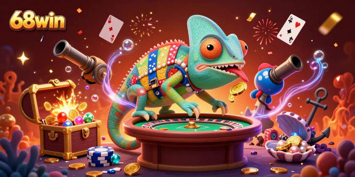 Engage with 68win's vibrant 3D casino adventures featuring a colorful chameleon owner.