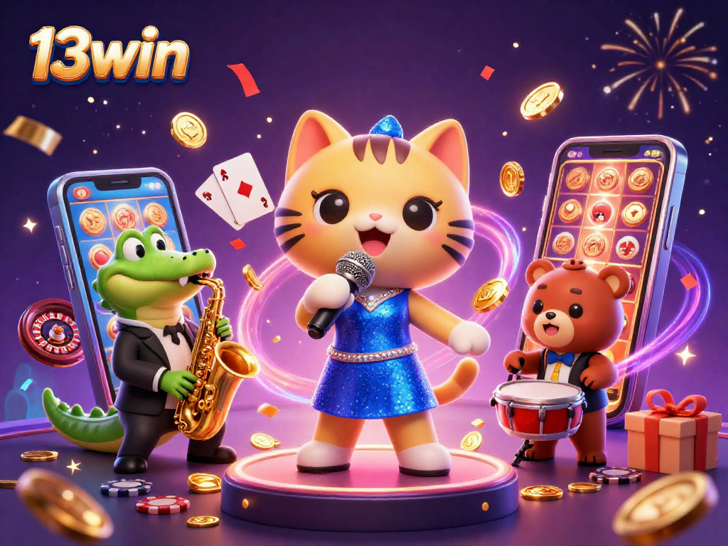 Experience excitement at 13win with our vibrant casino-themed illustration featuring lively characters.