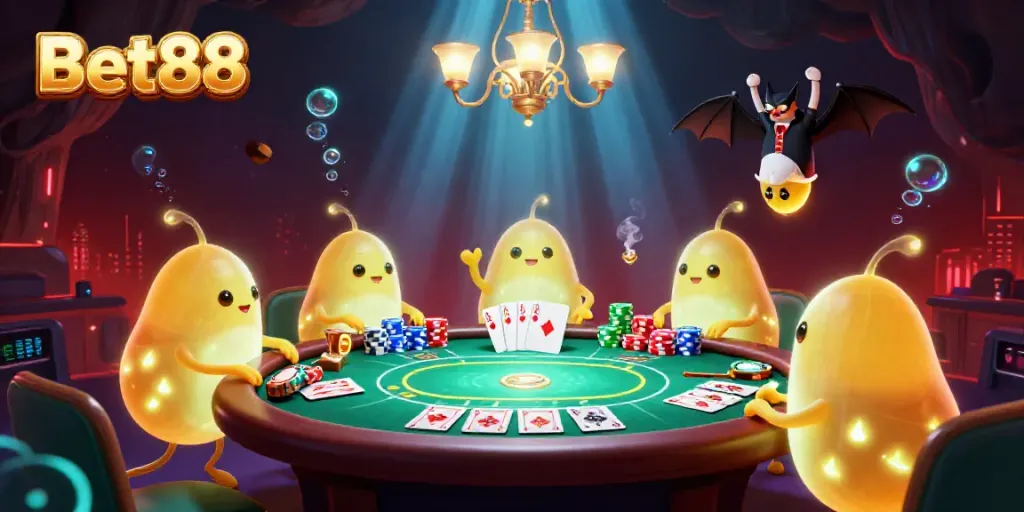 Bet88 glowworms brighten a cave casino with vibrant poker action featuring colorful chips and thrilling gameplay.