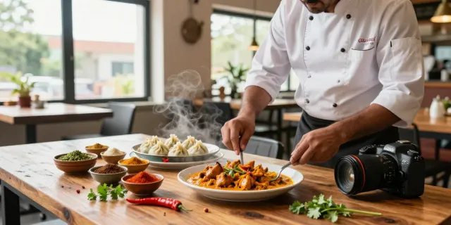 rokok88 login view of chef plating chicken curry and momo dumplings