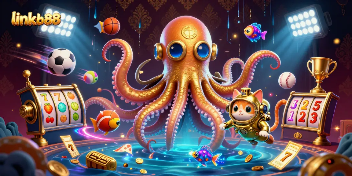 Engage with link sb88 at this vibrant 3D illustration of a kraken and diving cat among gaming elements.