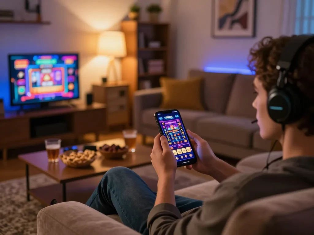 IWIN user playing mobile casino games at home, showcasing strategic entertainment in a cozy living room.