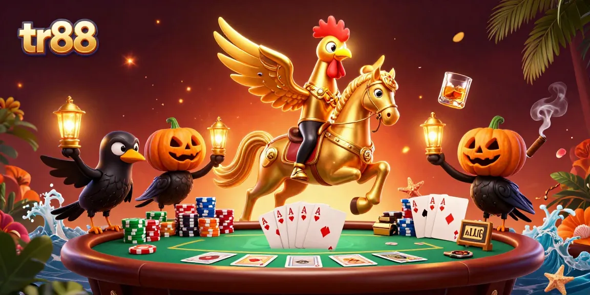 Play at tr88, where a golden rooster rides a spectral horse through a vibrant casino scene.