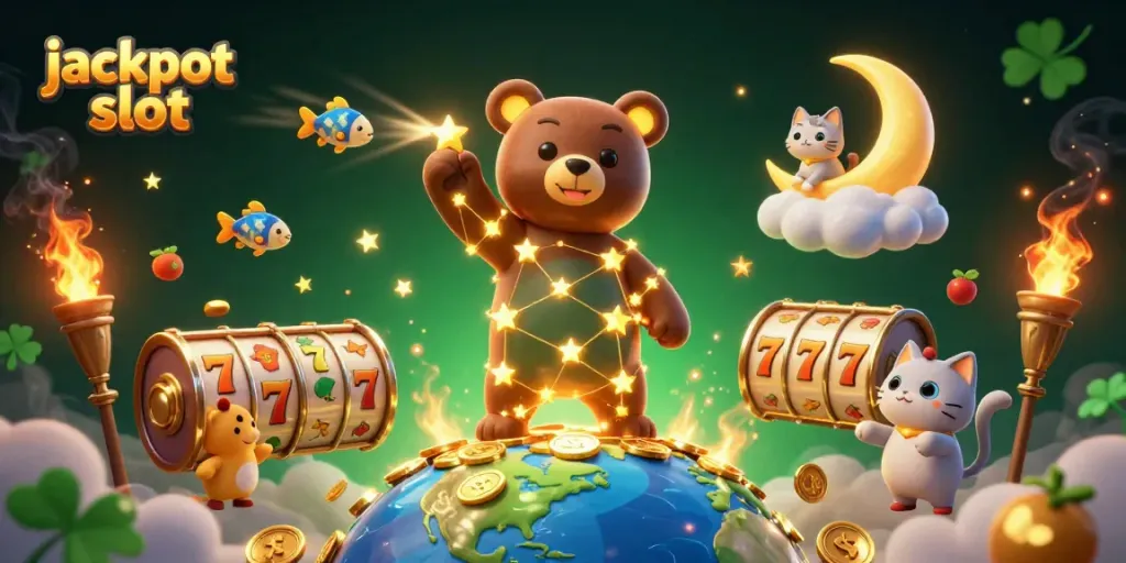 Spin the jackpot slot reels with the constellation bear reaching for coins and vibrant flashing symbols.